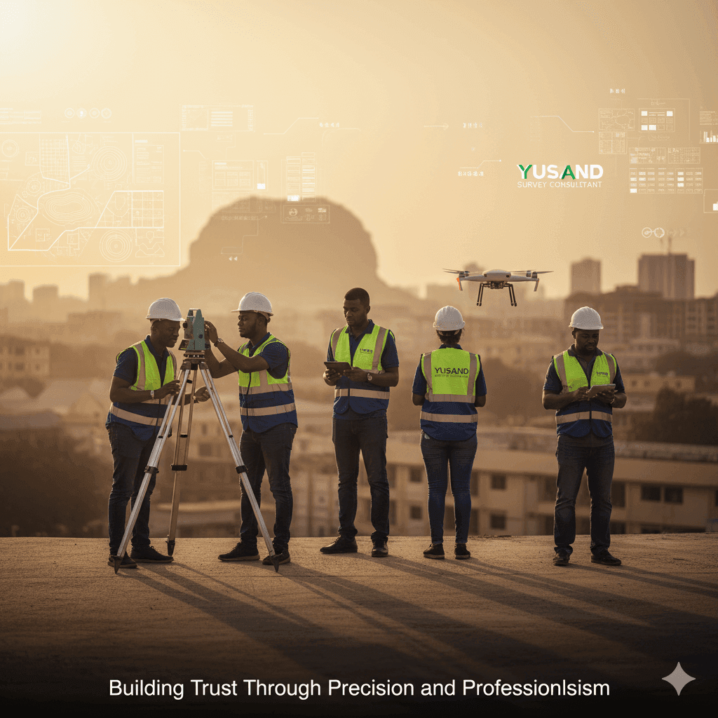 A team of surveyors working on a construction site with modern equipment.